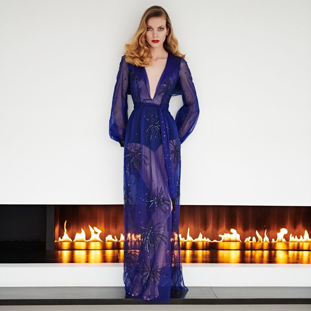 Long sleeve tulle dress with fireworks embroidery motif and back ruffle