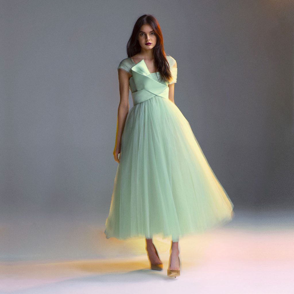 Layered tulle midi dress with a wrap draped bust and deep V back.