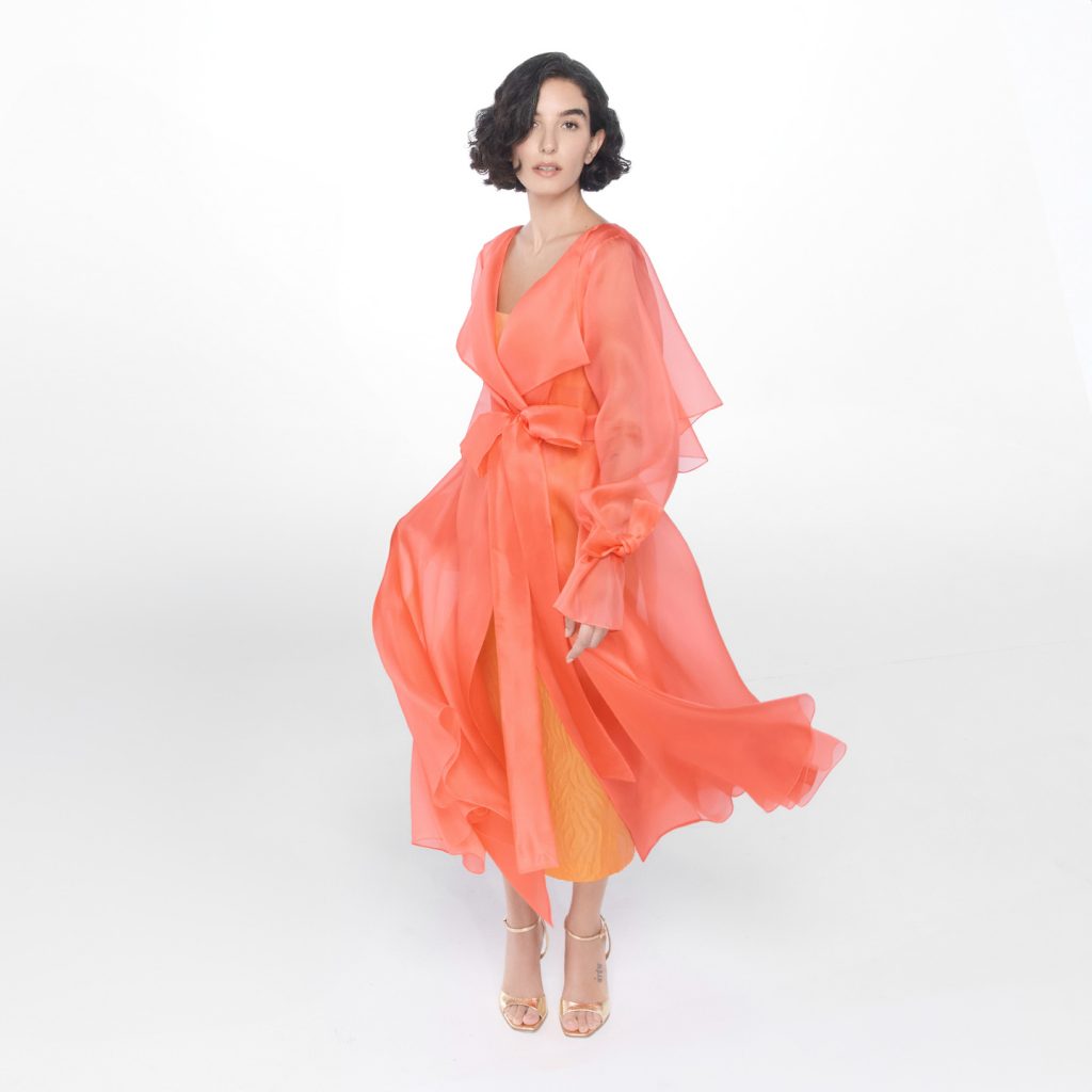 Wrap organza coat with a square neckline corseted midi dress.